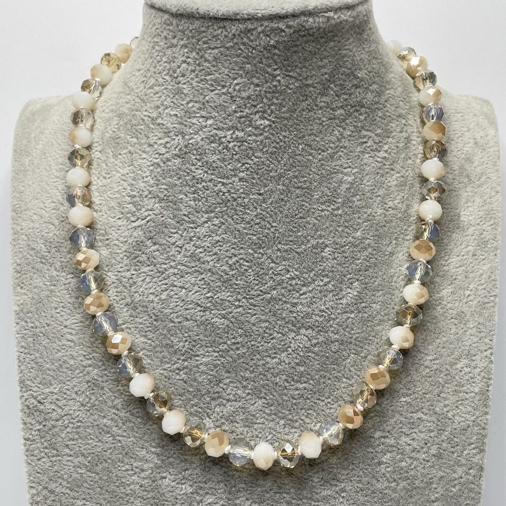 Stunning Cream Beige Glass Rondel Beaded Knotted Necklace Boho Fashion Statement